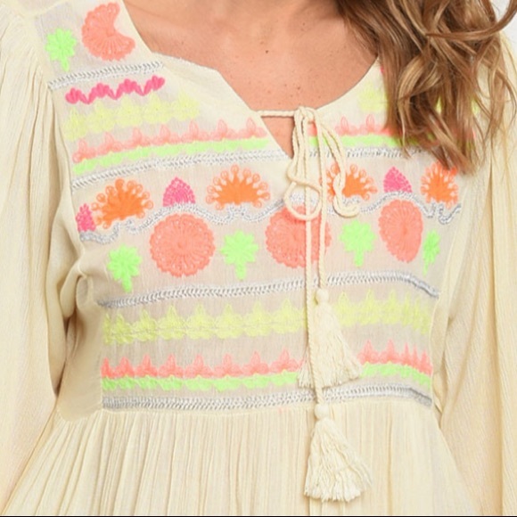 Brand New Boho Chic Beige & Neon Embroidered Dress - Picture 3 of 5
